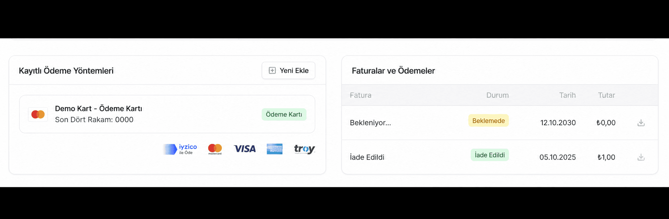 EZV abonelik ekranında anonim demo ödeme kartı, faturalar, durumlar, tarihler ve tutarlar