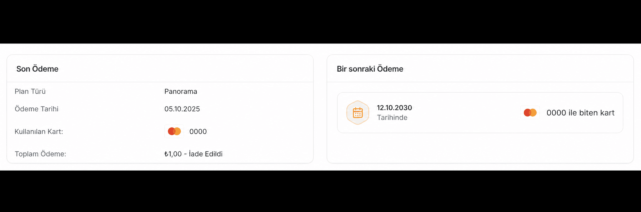 EZV abonelik ekranında demo kartla son ödeme ve bir sonraki ödeme bilgileri