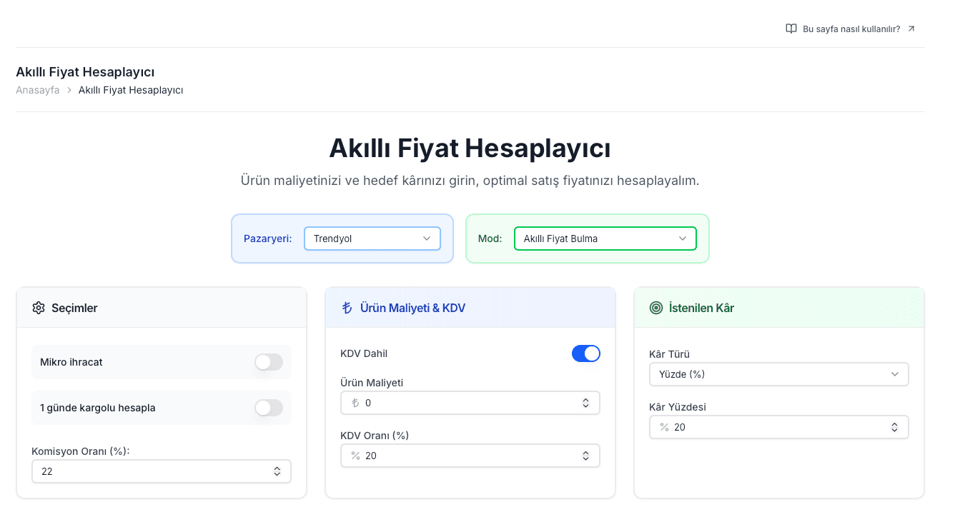 EZV Akıllı Fiyat Hesaplayıcı genel ekranında pazaryeri, mod, maliyet ve hedef kâr alanları