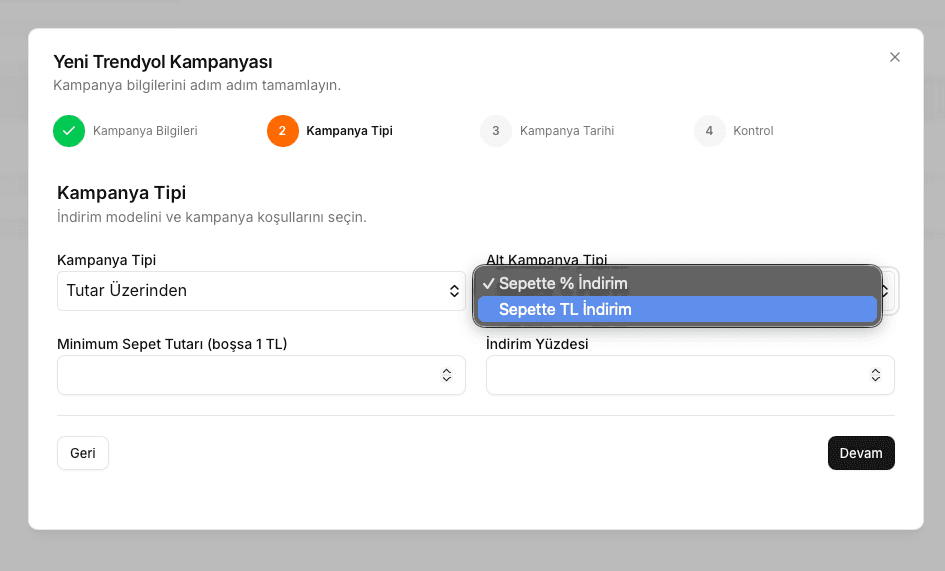 EZV kampanya oluşturma ekranında alt kampanya tipi seçenekleri