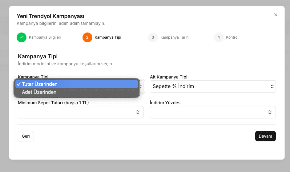 EZV kampanya oluşturma ekranında indirim tutarı ve adet alanları