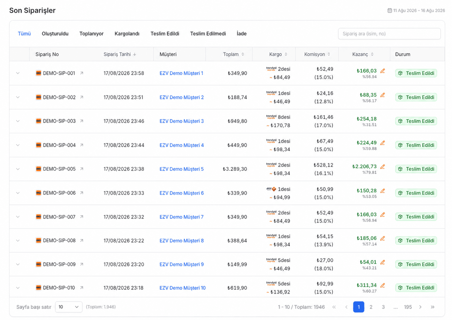 EZV Son Siparişler tablosunda anonim sipariş numaraları ve demo müşteri adları