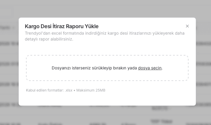 EZV Kargo Desi İtiraz Raporu Yükle penceresinde XLSX dosya seçme alanı