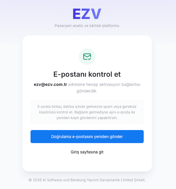 Doğrulama e-postasının gönderildiğini bildiren EZV e-posta kontrol ekranı