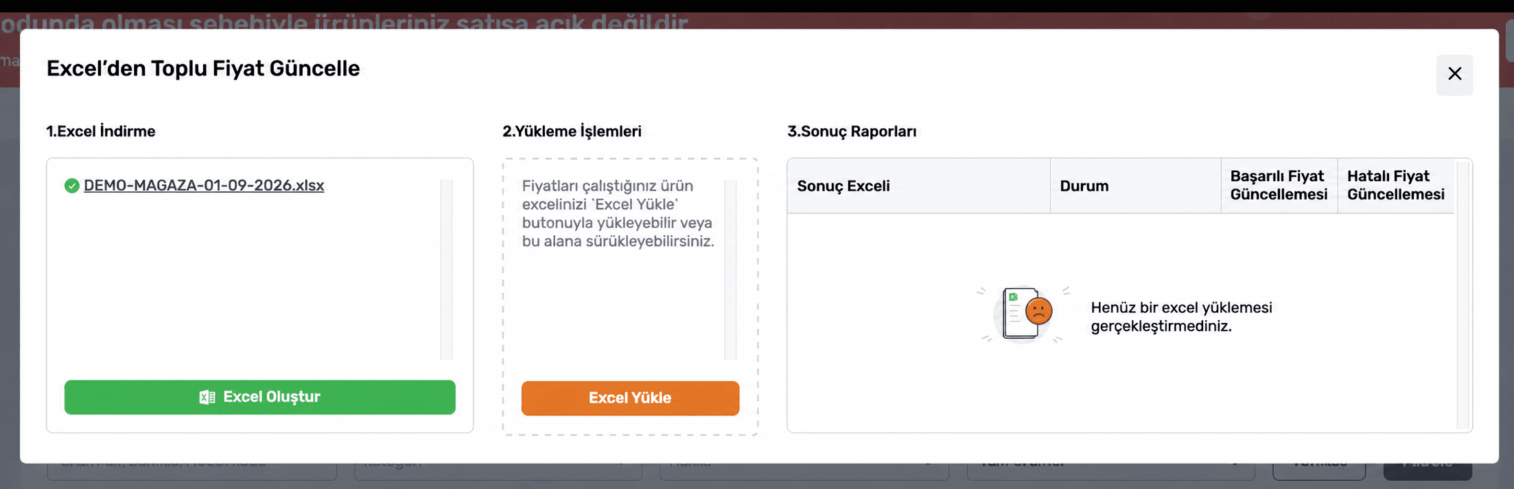 Excel’den Toplu Fiyat Güncelle ekranında anonim demo Excel dosyası, yükleme ve sonuç raporları