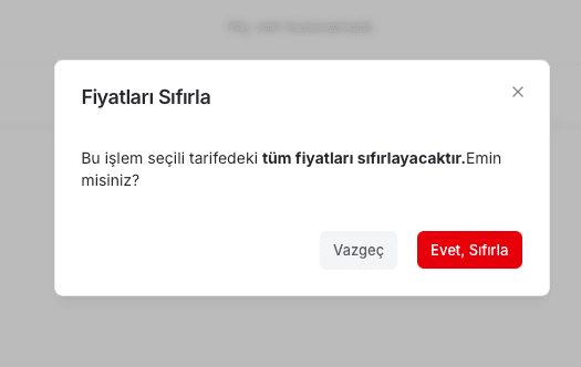 EZV Tarifedeki tüm fiyatları sıfırlama onay penceresi