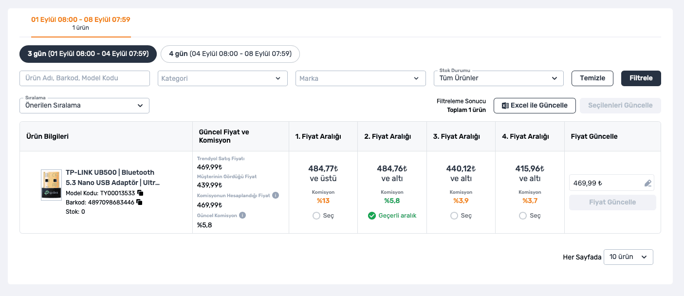 Trendyol tarife ekranında dönem, filtreler, ürün fiyat aralıkları ve Excel ile Güncelle düğmesi