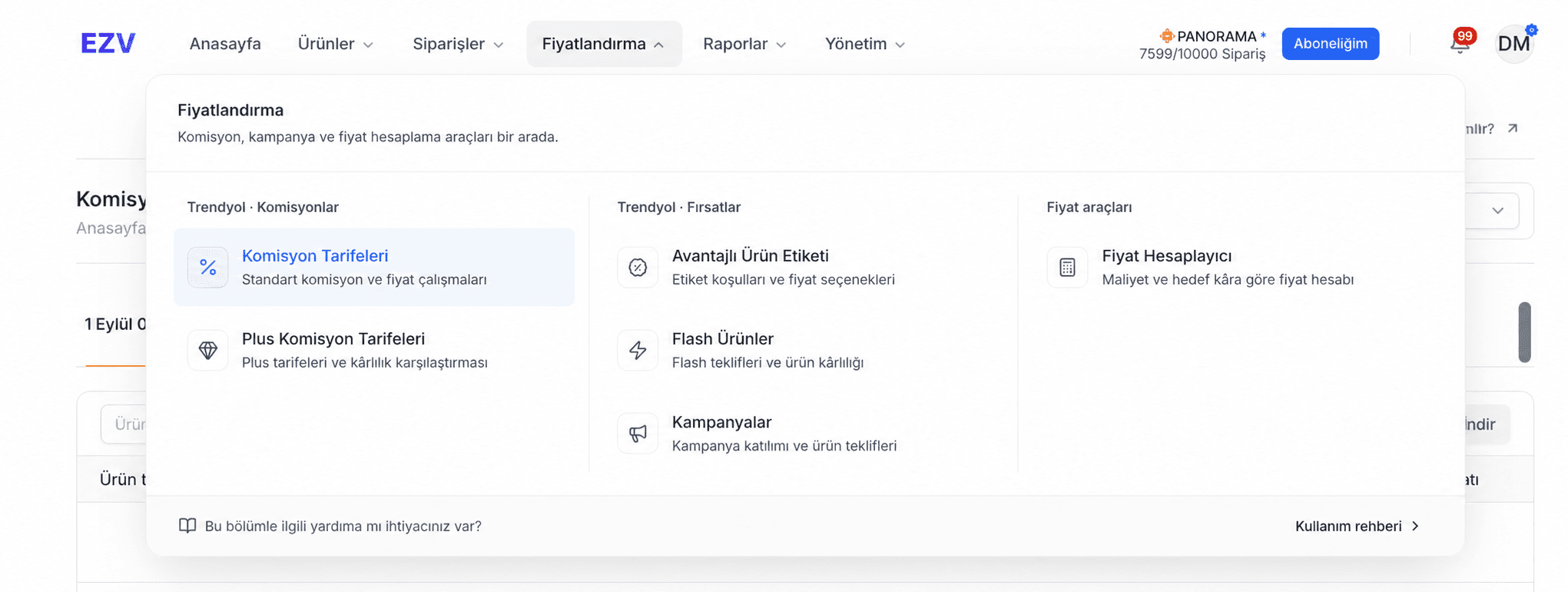 EZV Fiyatlandırma menüsünde Komisyon, Plus, Avantajlı Ürün, Flash, Kampanyalar ve Fiyat Hesaplayıcı seçenekleri